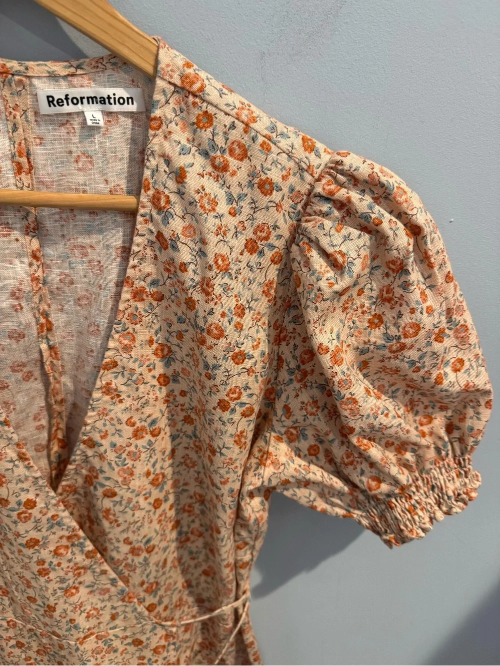 NEW Reformation Veronika Linen Floral Wrap Midi Dress, Size L